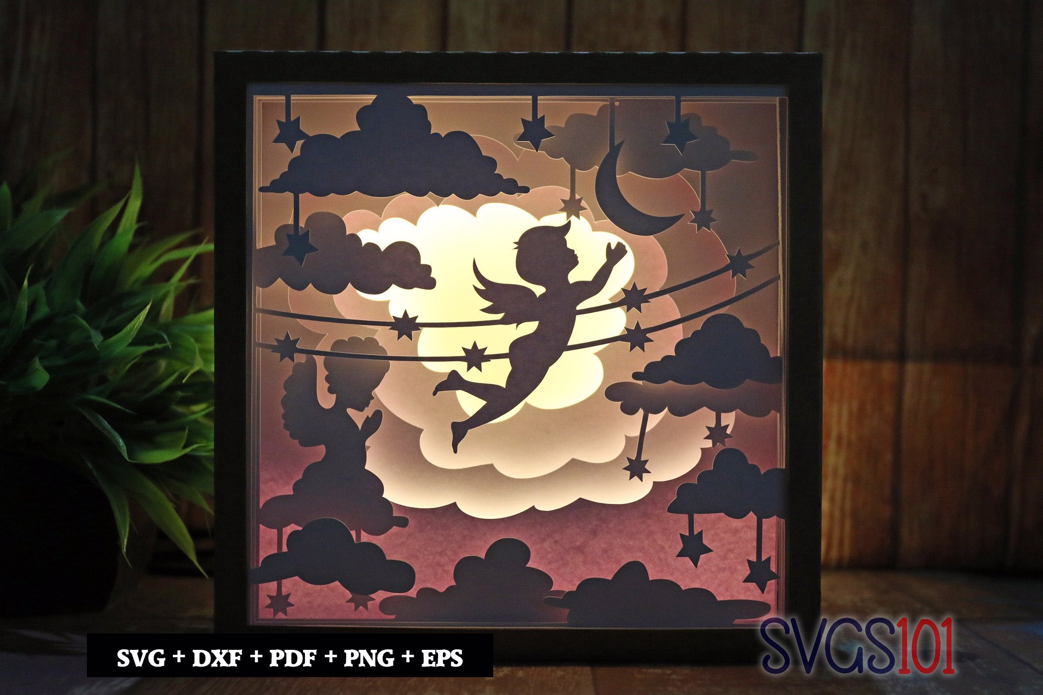 Angel with Moon Shadow Box Light Box 8x8, 12x12