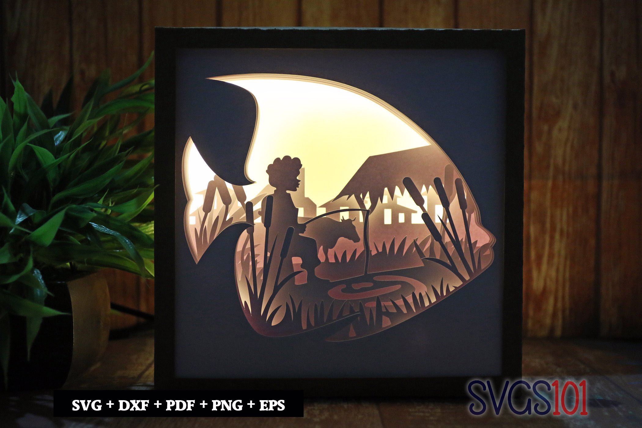 Boy Fishing in Pond Square Shadow Box SVG 8x8 10x10 12x12