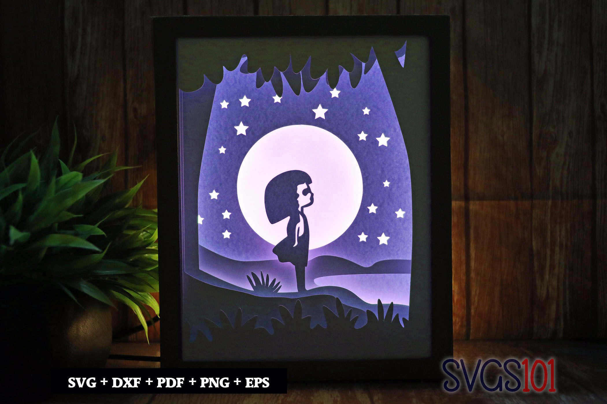 Little Girl under Moon Paper 3D Shadow Box SVG 8x10