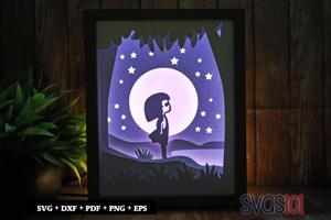 Little Girl under Moon Paper 3D Shadow Box SVG 8x10