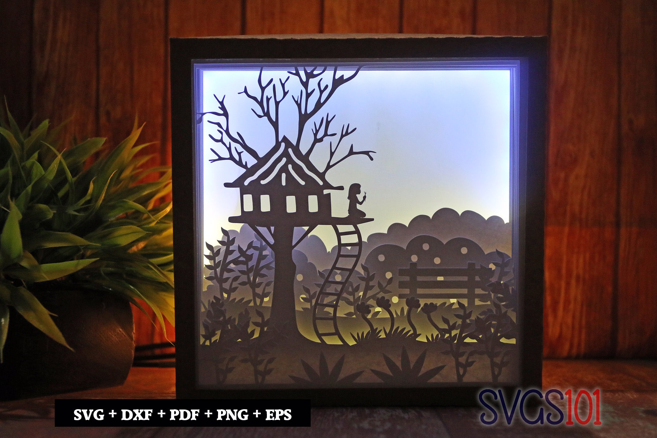 Little Girl Sitting Around Tree House Shadow Box Light Box 8x8, 12x12