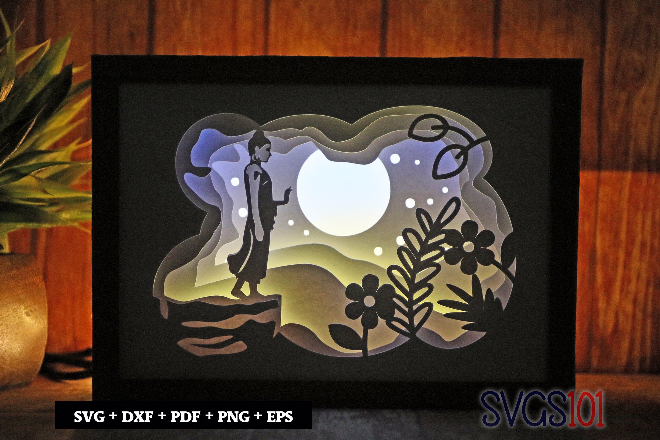 Standing Buddha at Night with Full Moon Paper 3D Shadow Box SVG 5x7