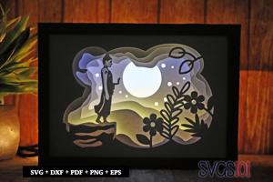 Standing Buddha at Night with Full Moon Paper 3D Shadow Box SVG 5x7