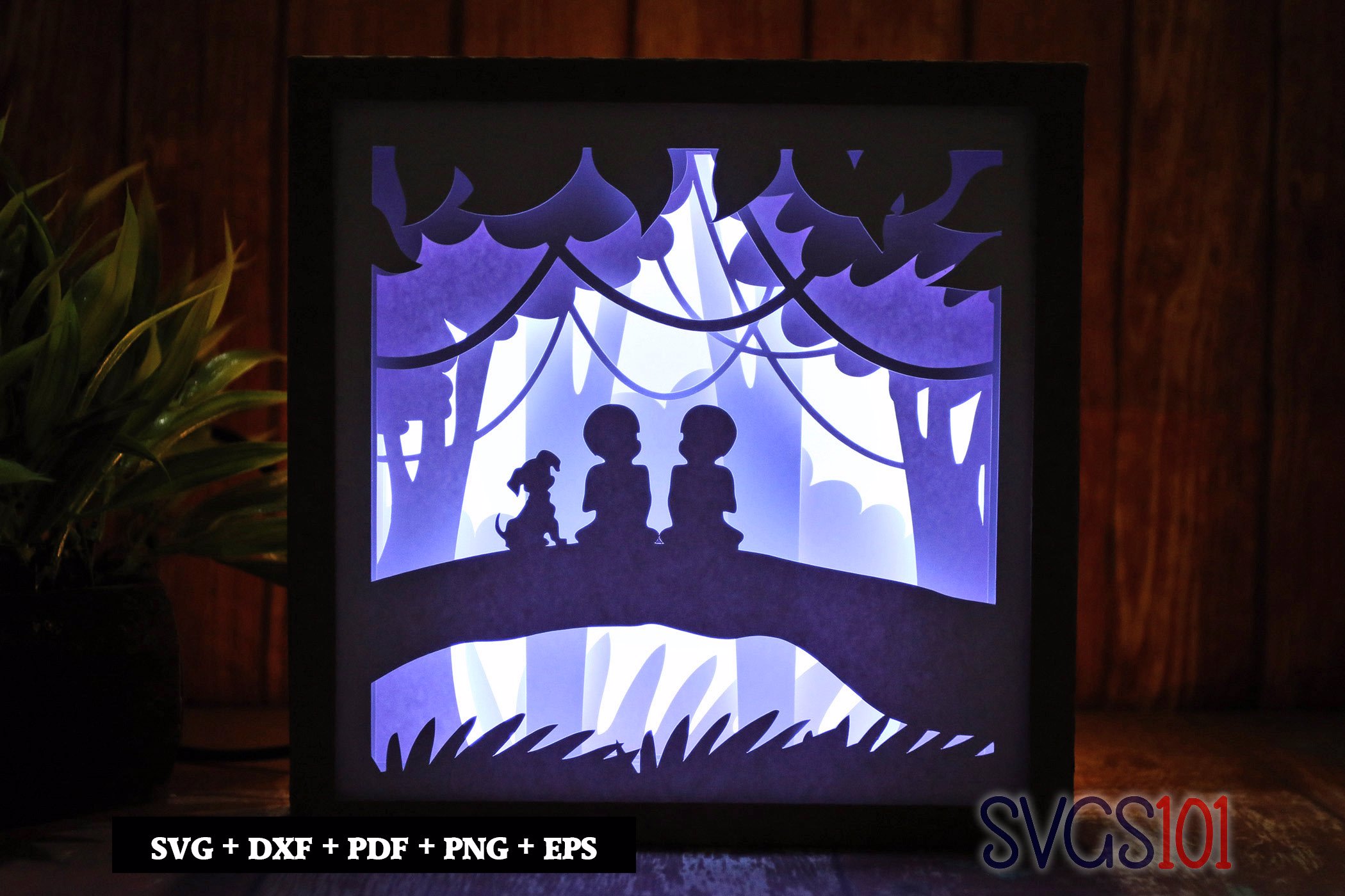 Two Boys and Dog Sitting on Branch Paper 3D Shadow Box SVG 8x8 12x12