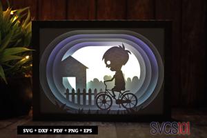 Boy Riding Bicycle Paper 3D Shadow Box SVG 5x7