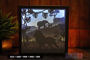 Lion and Animals in Jungle LED Light Box Shadow Box Square 8x8, 12x12