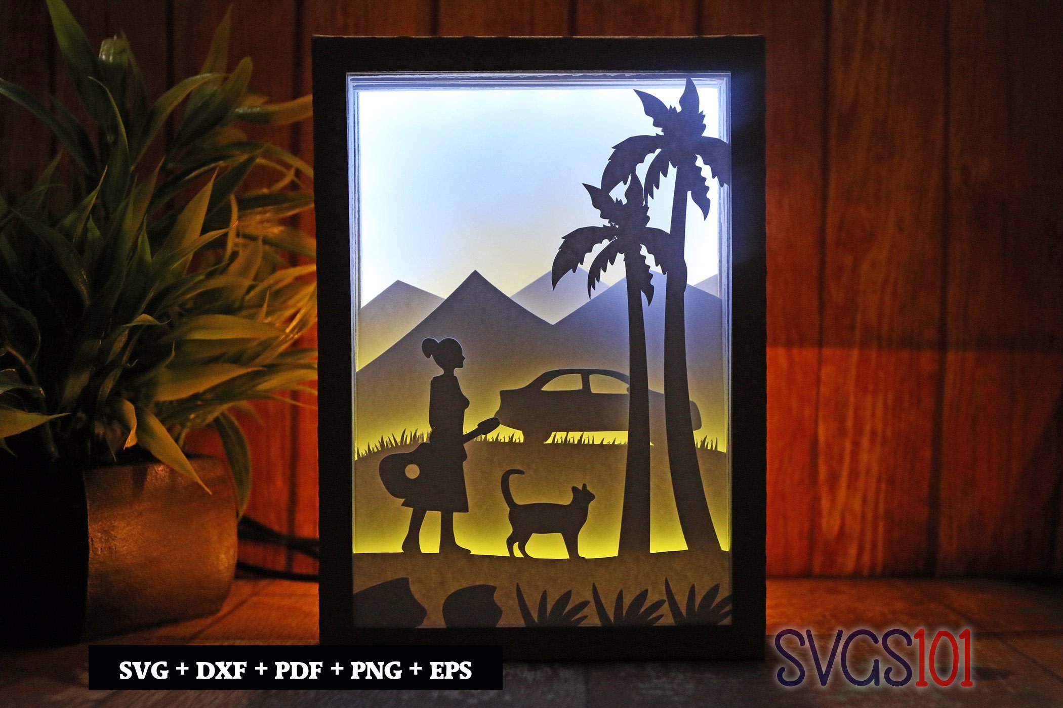 Pretty Girl with Guitar and Car Shadow Box SVG 5x7