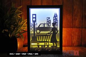Young Lady with Shopping Basket Paper 3D Shadow Box SVG 5x7