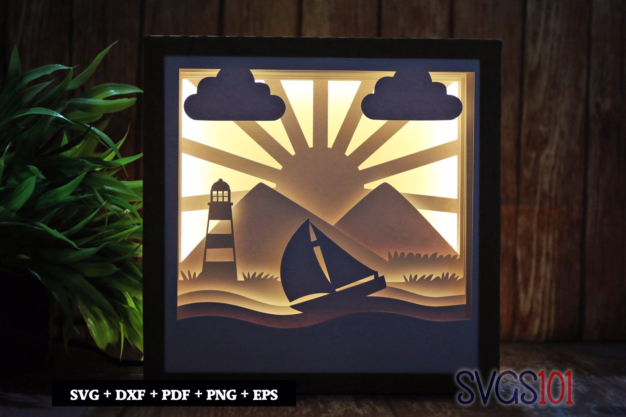 Boat and Lighthouse Shadow Box Light Box 8x8, 12x12
