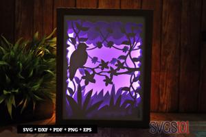 Sparrow Sitting on Floral Branch Paper 3D Shadow Box SVG 8x10