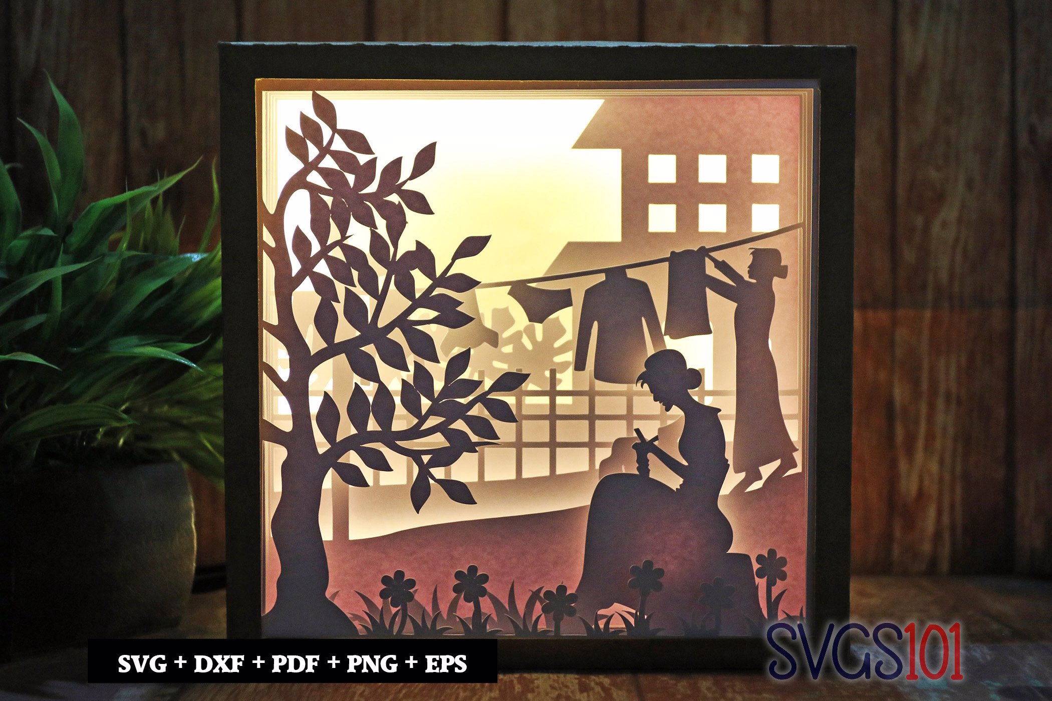 Girl Knitting and Washing Shadow Box Light Box 8x8, 12x12