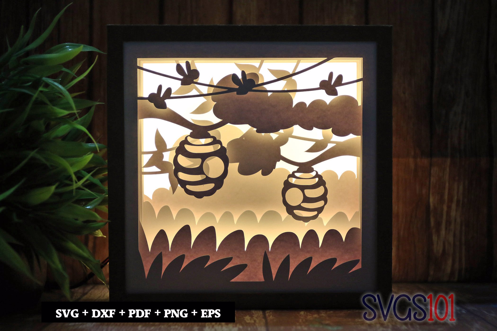 Bee Hive on Tree Shadow Box Light Box 8x8, 12x12