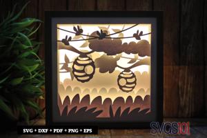 Bee Hive on Tree Shadow Box Light Box 8x8, 12x12