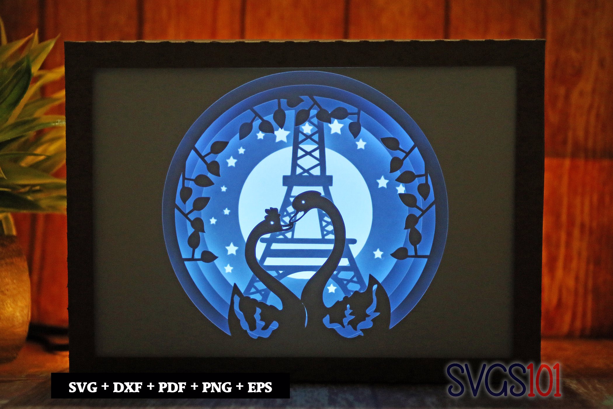 Swan Couple with Eifeel Tower Paper 3D Shadow Box SVG 5x7