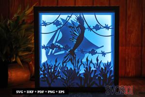Cute Mermaid with Ship Paper 3D Shadow Box SVG 8x8 12x12