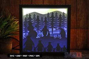 Penguins Family Paper 3D Shadow Box SVG 8x8 12x12