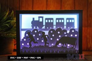 Beautiful Train Scene Paper 3D Shadow Box SVG 5x7