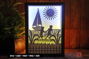 Kids with Boat Shadow Box 5x7 Rectangle