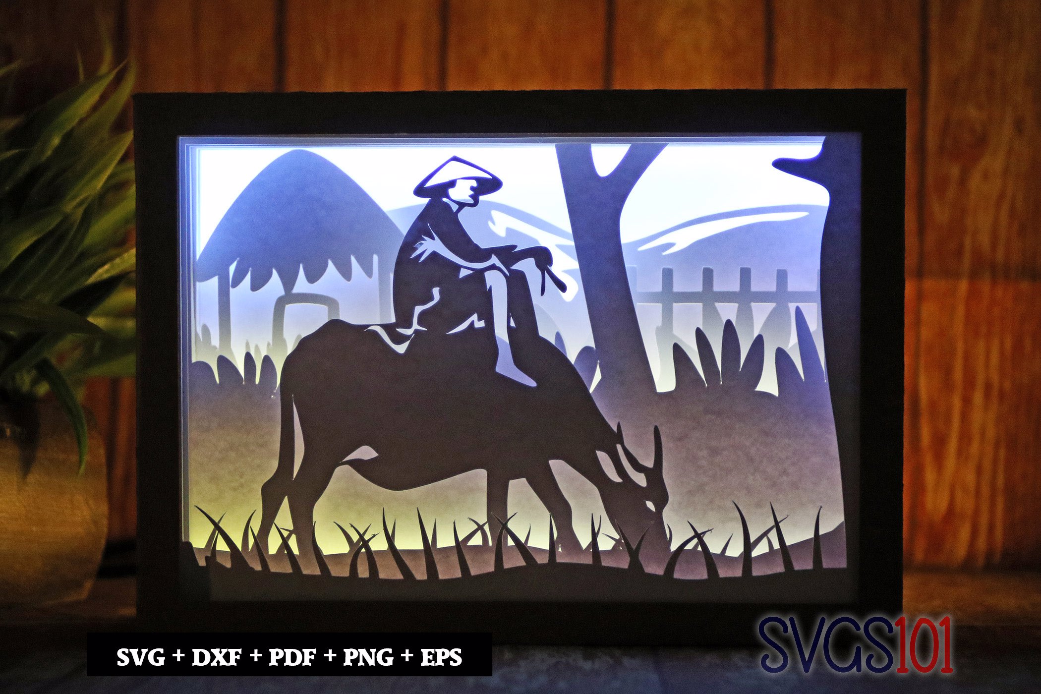 Farmer Riding Cow Shadow Box 5x7 Rectangle